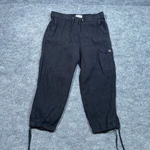 George & Martha Women Black 100% Linen Cargo Crop Pants Large Drawstring Waist